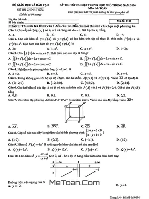Đề chính thức kỳ thi tốt nghiệp THPT năm 2026 môn Toán