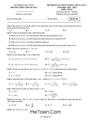 Đề KSCL Toán 11 Lần 1 Năm 2022 - 2023 Trường THPT Tiên Du 1 - Bắc Ninh
