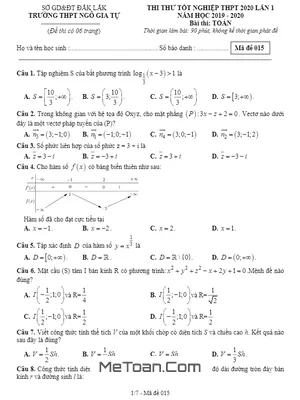 Đề thi thử tốt nghiệp THPT 2020 môn Toán lần 1 trường Ngô Gia Tự - Đắk Lắk