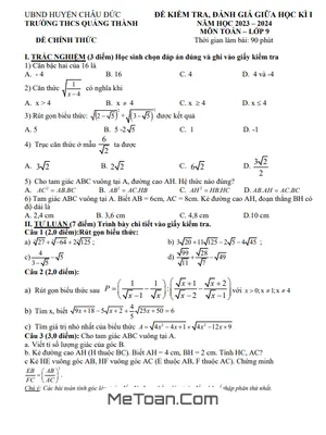Đề thi giữa kì 1 Toán 9 năm 2023 - 2024 trường THCS Quảng Thành - BRVT (có đáp án)