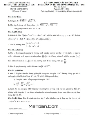 Đề thi Olympic Toán 9 năm 2023 - 2024 trường chuyên Lam Sơn - Thanh Hóa