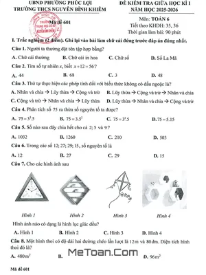 Đề Kiểm Tra Giữa Kì 1 Toán 6 Năm 2025 - 2026 THCS Nguyễn Bỉnh Khiêm - Hà Nội