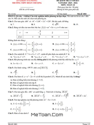 Đề Thi Toán Lớp 10 Học Kỳ 1 Năm 2025-2026: Trường THPT Đoàn Thượng, Hải Phòng