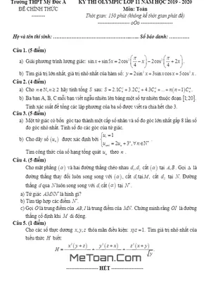 Đề thi Olympic Toán 11 năm 2019 - 2020 trường THPT Mỹ Đức A - Hà Nội