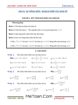 Bài Tập Trắc Nghiệm Sự Đồng Biến Và Nghịch Biến Của Hàm Số - Ngọc Đàn