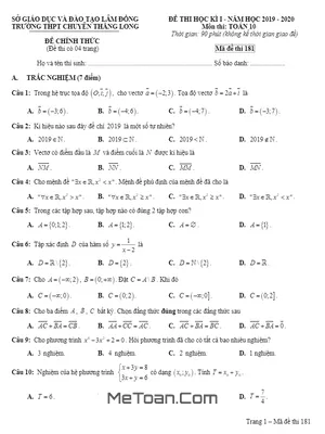 Đề thi HK1 Toán 10 năm 2019 – 2020 trường chuyên Thăng Long – Lâm Đồng