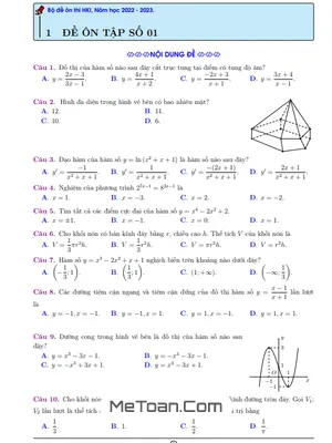 10 Đề Ôn Tập Cuối Kì 1 Môn Toán 12 Mức Độ Cơ Bản