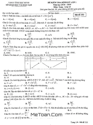 Đề kiểm tra định kỳ Toán 12 lần 1 năm 2018 - 2019 sở GD&ĐT Bắc Ninh