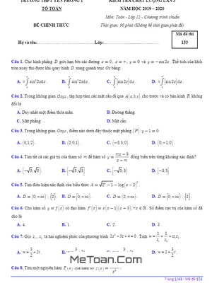 Đề kiểm tra Toán 12 lần 3 năm 2019 - 2020 trường THPT Yên Phong 1 - Bắc Ninh
