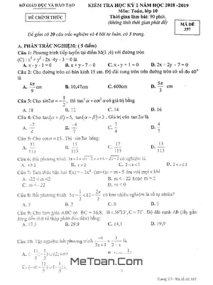 Đề thi học kỳ 2 Toán 10 năm 2018 - 2019 sở GD&ĐT Bình Dương