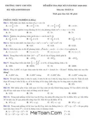 Đề thi học kì 1 Toán 11 năm 2020 - 2021 trường THPT chuyên Hà Nội - Amsterdam