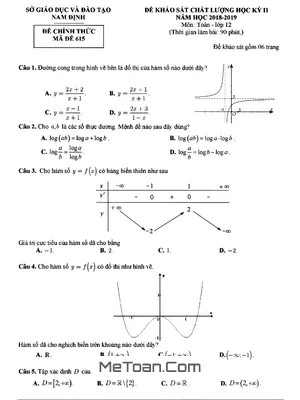 Đề thi học kỳ 2 Toán 12 năm học 2018 - 2019 sở GD&ĐT Nam Định