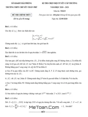 Đề thi chọn đội tuyển Toán 2020 – 2021 trường THPT chuyên Trần Phú – Hải Phòng