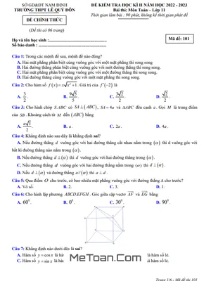 Đề thi học kì 2 Toán 11 năm 2022 - 2023 trường THPT Lê Quý Đôn - Nam Định