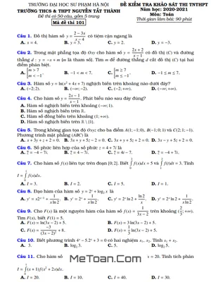 Đề thi thử THPT Quốc gia 2021 môn Toán trường Nguyễn Tất Thành - Hà Nội