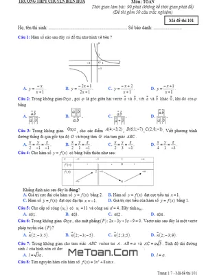 Đề thi thử tốt nghiệp THPT 2020 môn Toán trường chuyên Biên Hòa - Hà Nam