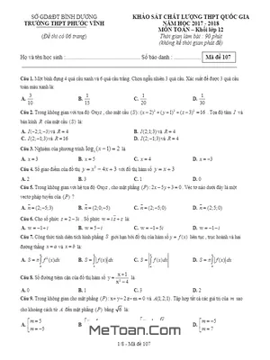 Đề KSCL THPT Quốc Gia 2018 Môn Toán Trường THPT Phước Vĩnh - Bình Dương