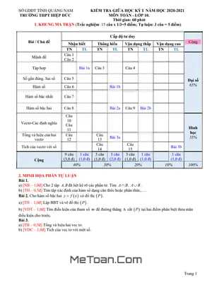 Đề thi giữa HK1 Toán 10 năm 2020 - 2021 trường THPT Hiệp Đức - Quảng Nam