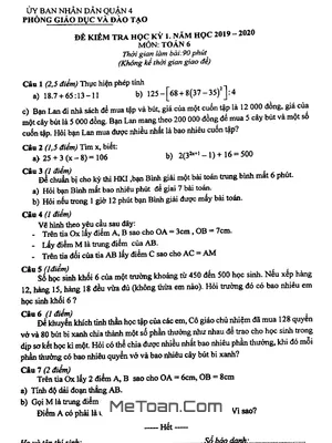 Đề thi học kỳ 1 Toán lớp 6 năm 2019 - 2020 phòng GD&ĐT Quận 4 - TP HCM