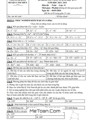 Đề thi học kỳ 1 Toán 8 năm 2023 - 2024 phòng GD&ĐT Cẩm Thủy - Thanh Hóa
