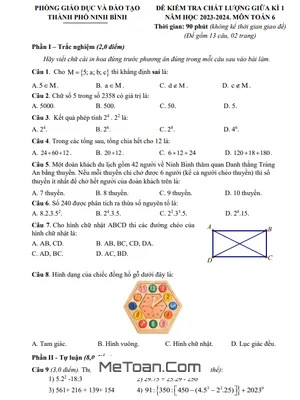 Đề thi giữa kì 1 Toán lớp 6 năm 2023 - 2024 phòng GD&ĐT thành phố Ninh Bình