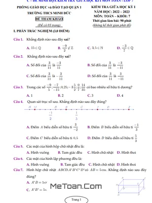 Đề Tham Khảo Giữa Học Kỳ 1 Toán 7 Năm 2022 - 2023 Trường THCS Minh Đức - TP HCM