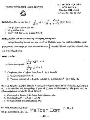 Đề thi giữa kì 2 Toán 9 năm 2022 - 2023 trường Lương Thế Vinh - Hà Nội