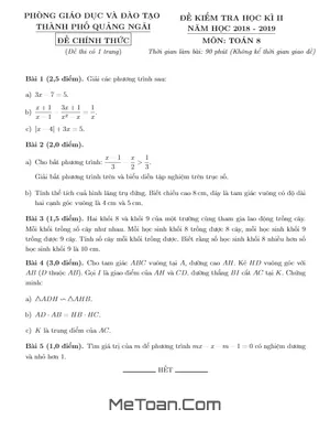 Đề thi HK2 Toán 8 năm 2018 - 2019 phòng GD&ĐT thành phố Quảng Ngãi