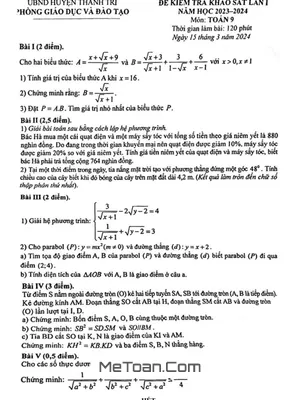 Đề khảo sát chất lượng lần 1 Toán 9 năm 2023 - 2024 phòng GD&ĐT Thanh Trì - Hà Nội