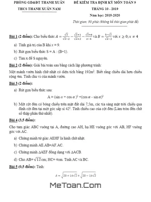 Đề kiểm tra định kỳ Toán 9 tháng 10/2019 trường THCS Thanh Xuân Nam - Hà Nội