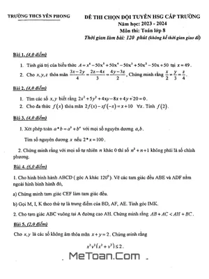 Đề thi HSG Toán 8 cấp trường năm 2023 - 2024 trường THCS Yên Phong - Bắc Ninh