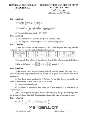 Đề thi học sinh giỏi huyện Toán 6 năm 2021 - 2022 phòng GD&ĐT Tiền Hải - Thái Bình
