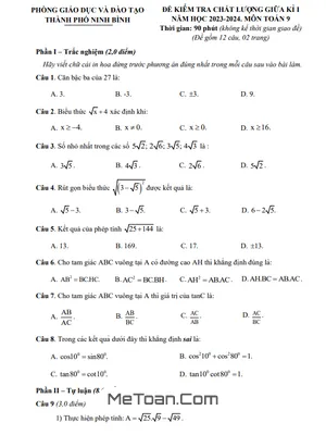 Đề thi giữa kì 1 Toán 9 năm 2023 - 2024 phòng GD&ĐT thành phố Ninh Bình