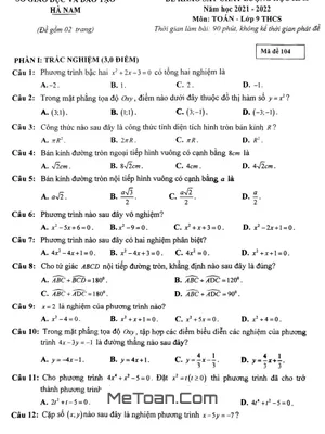 Đề thi học kì 2 Toán 9 năm 2021 - 2022 Sở GD&ĐT Hà Nam