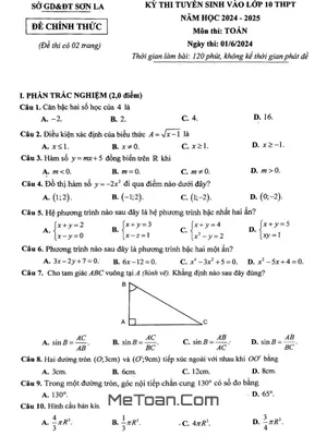 Đề thi tuyển sinh lớp 10 môn Toán năm 2024 - 2025 Sở GD&ĐT Sơn La