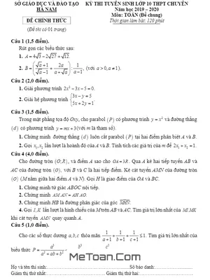 Đề Thi Tuyển Sinh Lớp 10 Chuyên Toán Hà Nam Năm 2019-2020 (Vòng 1)