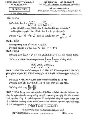 Đề thi học sinh giỏi Toán 9 năm 2023 - 2024 phòng GD&ĐT Ứng Hòa - Hà Nội