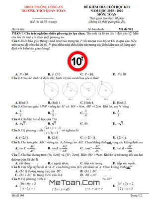 Đề Thi Toán Lớp 9 Cuối Học Kỳ 1 Năm 2025-2026 Trường THCS Quán Toan, Hải Phòng