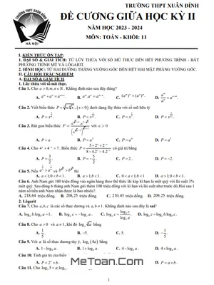 Đề Cương Ôn Tập Giữa Kỳ 2 Toán 11 Năm 2023 - 2024 Trường THPT Xuân Đỉnh - Hà Nội