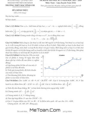 Đề thi học kỳ 1 Toán 10 năm 2023 - 2024 trường THPT Mạc Đĩnh Chi - TP HCM