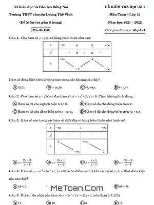 Đề thi HK1 Toán 12 năm 2021 – 2022 trường chuyên Lương Thế Vinh – Đồng Nai