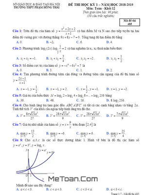 Đề thi học kỳ 1 Toán 12 năm học 2018 - 2019 trường THPT Phạm Hồng Thái - Hà Nội
