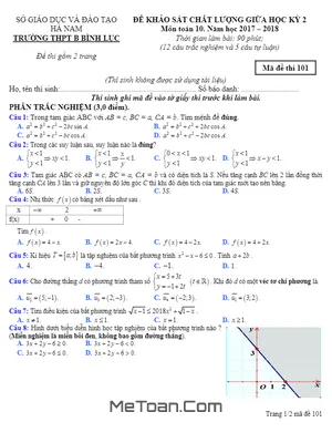 Đề KSCL Giữa Kỳ 2 Toán 10 Năm 2017 - 2018 Trường B Bình Lục - Hà Nam (Mã Đề 101)
