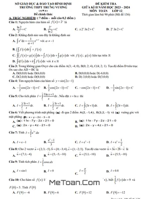 Đề Thi Giữa Kì 2 Môn Toán Lớp 12 Năm 2023 - 2024 Trường THPT Trưng Vương - Bình Định