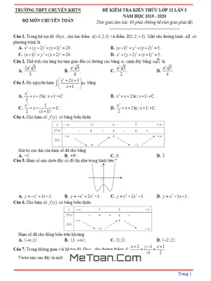 Đề kiểm tra kiến thức Toán 12 năm 2020 lần 3 trường chuyên KHTN – Hà Nội