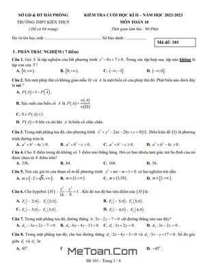 Đề Thi Cuối Kì 2 Toán 10 Năm 2022 - 2023 Trường THPT Kiến Thụy - Hải Phòng
