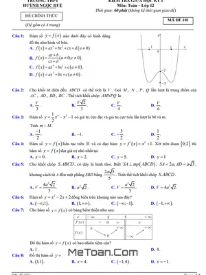 Đề Thi Giữa Kỳ 1 Toán 12 Năm 2022 - 2023 Trường THPT Huỳnh Ngọc Huệ - Quảng Nam