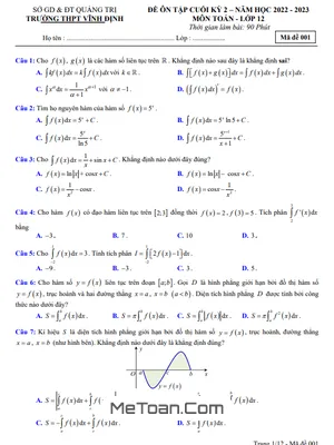 Đề ôn tập cuối kỳ 2 Toán 12 năm 2022 - 2023 trường THPT Vĩnh Định - Quảng Trị