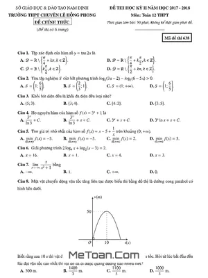 Đề thi học kỳ 2 Toán 12 năm 2017 - 2018 trường chuyên Lê Hồng Phong - Nam Định