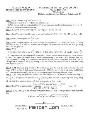 Đề Thi Thử Quốc Gia Môn Toán Trường THPT Tương Dương 1 - Nghệ An Lần 1 Năm 2016